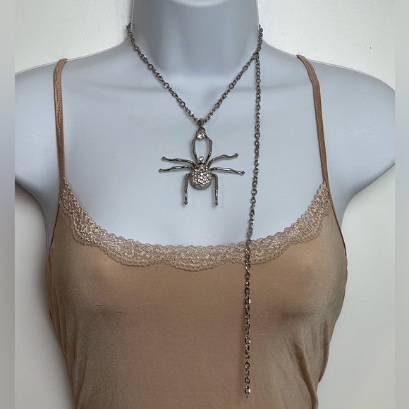 Jeweled Silver Tone Spider Adjustable Necklace and Hinged Bangle - Picture 2 of 8